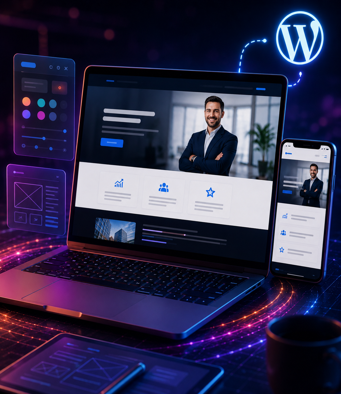 Responsive WordPress business website design and development workspace